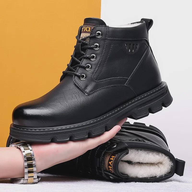 Pánské zimní boty středního střihu v britském stylu z černé kůže se sametovou podšívkou