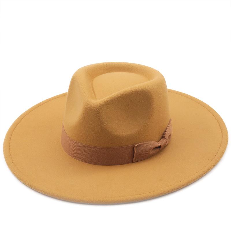 European, American autumn and winter wool woolen big-brimmed jazz top hat men's and women's fashion casual bow big-edged jazz hat felt hat