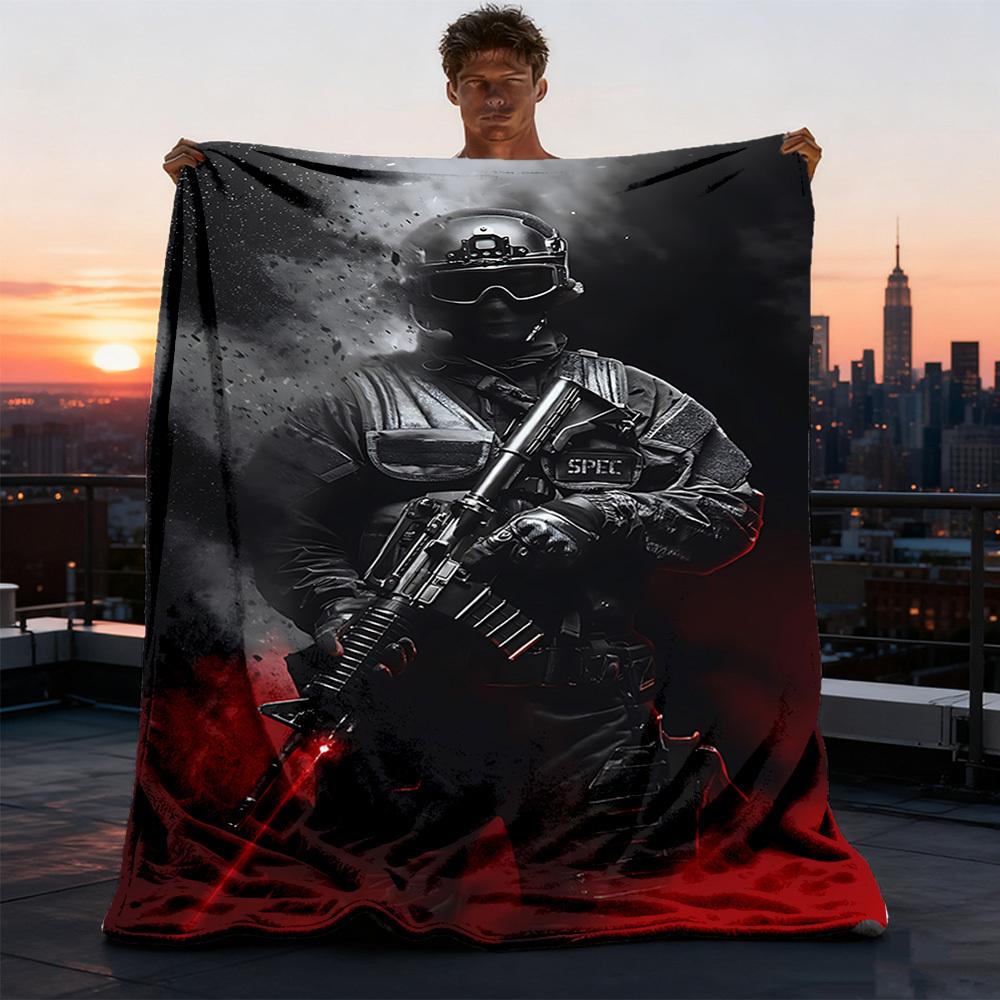 1pc Soldier Print Outdoor Blanket - Soft Flannel Cozy for Travel & Camping - All-Season Warm Bed Cover, Machine Washable yy251229095