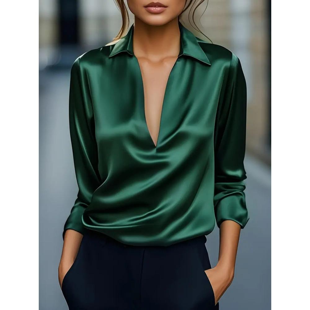 Women's Elegant Solid Color Simple V Neck Long Sleeve Shirt, Casual Office Work Wear Slim Fit Basic Blouse Top