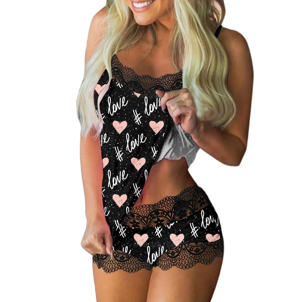 Women's Sexy Lingerie Fashion Lace Splicing Vest Shorts Two Piece Suit