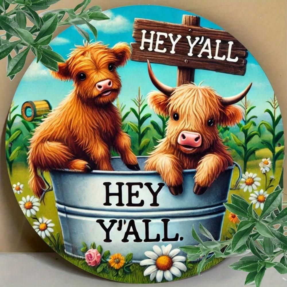 Metal Wall Art Highland Cow Sunflower Sign Rustic Round Decor Home Farmhouse Garden