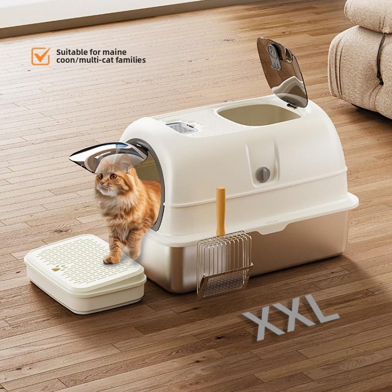 Aesthetic Enclosed Cat Litter Box Stainless Steel Cat Bedpans with Dual-Door Scratch-Resistant Pet Tray Easy-Clean Cats Toilet