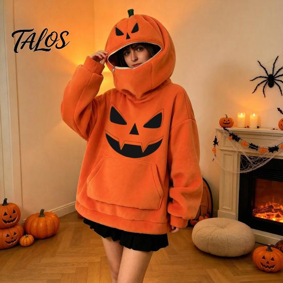 Halloween Pumpkin Hoodie Women Oversized Hoodie, Fall Long Sleeve Hooded Loose Fit Sweatshirt with Pocket, Jack-O-Lantern Holiday Costume Pullover Top
