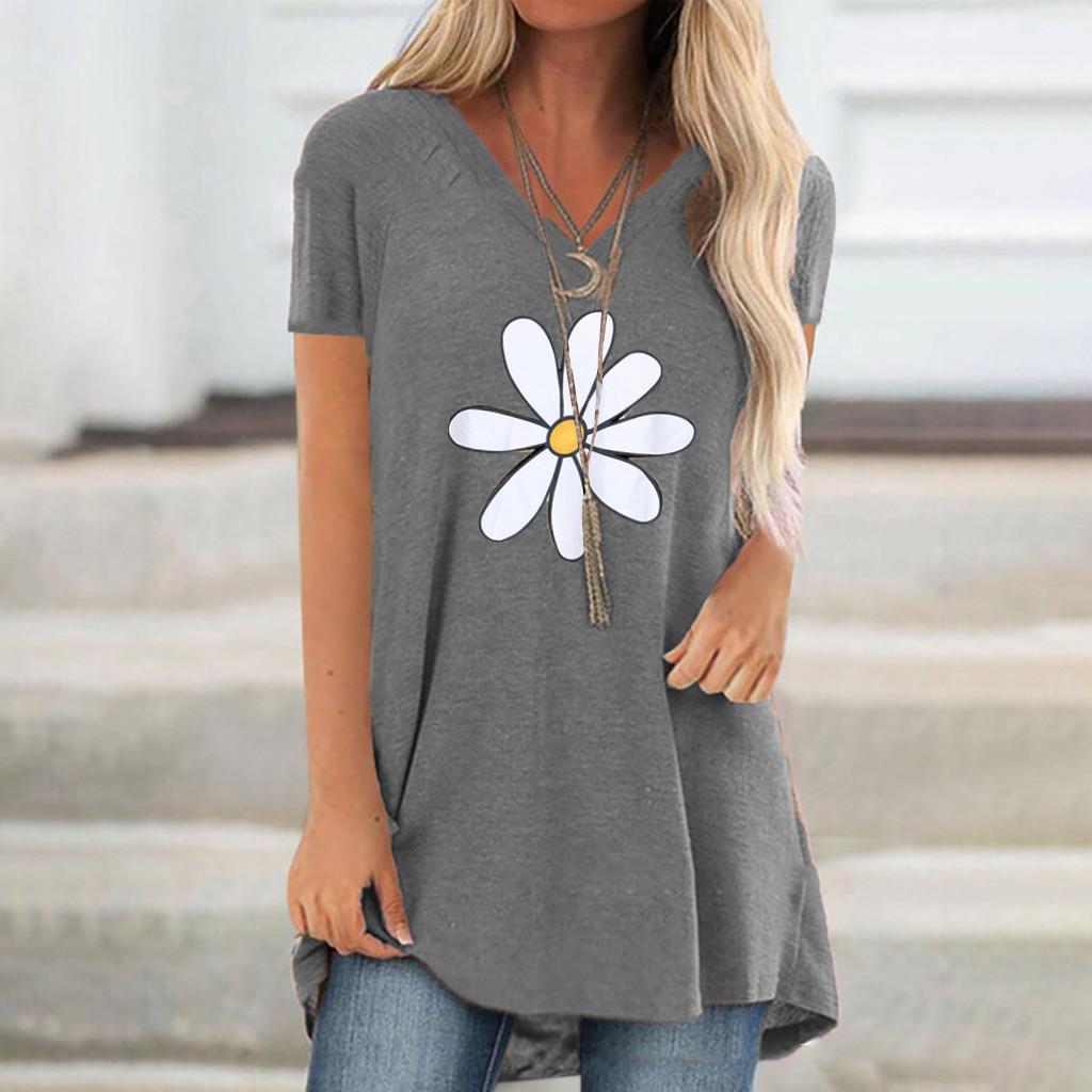 Women Summer Tops V-neck Floral Print Short Sleeve T-Shirts Graphic Blouse