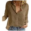 Women Casual Linen Blouse Loose Fit Long Sleeve Solid Color Lapel Button Shirt Tops