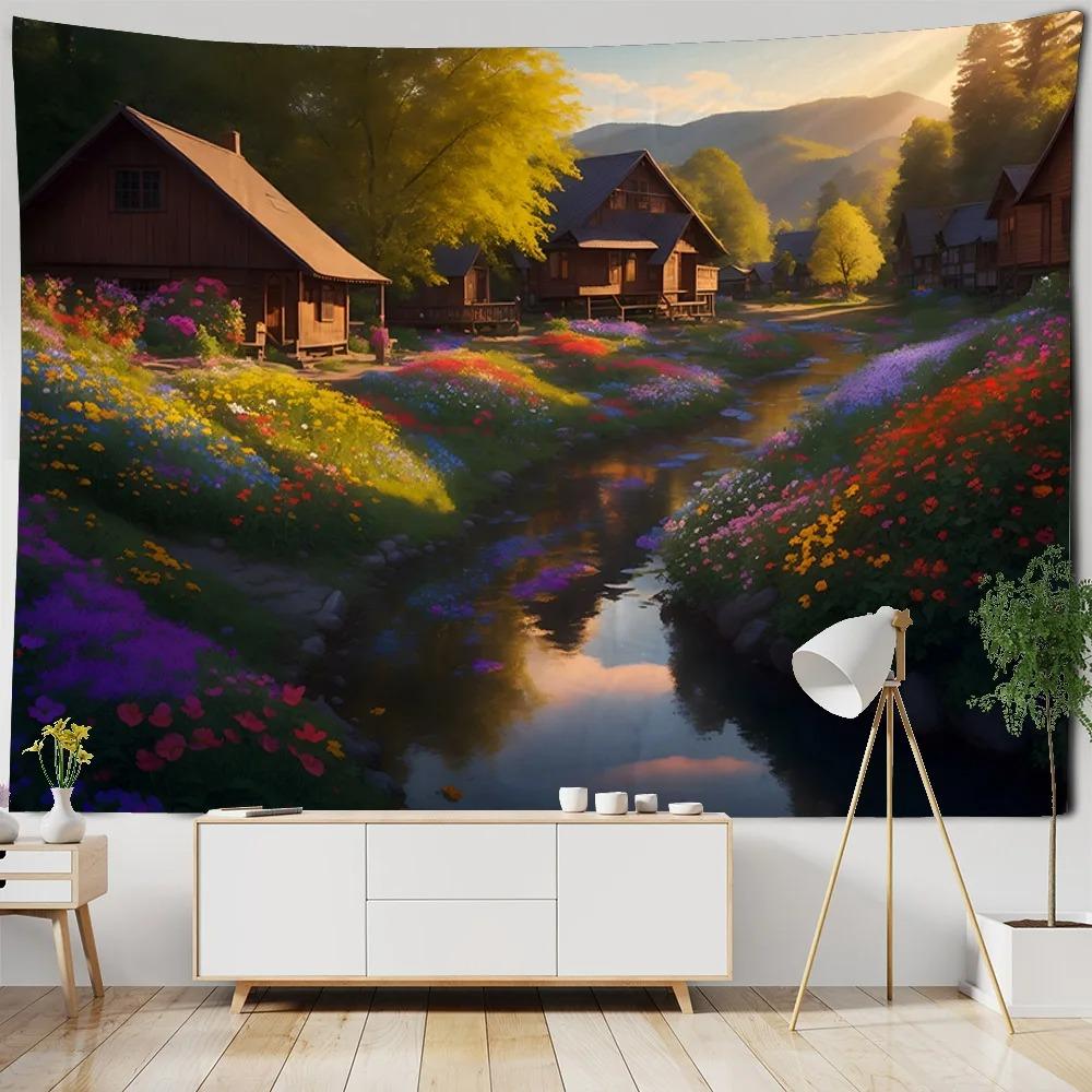 Forest Cabin River Pattern Tapestry Bedroom Living Room Tapestry Home Wall Decoration Tapestry