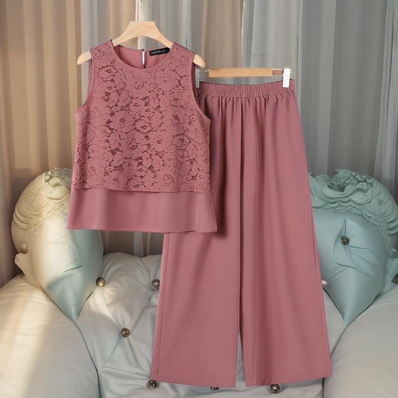 ZANZEA Women Patchwork Lace Tank Tops and Pants Summer Two Piece Suit Sets