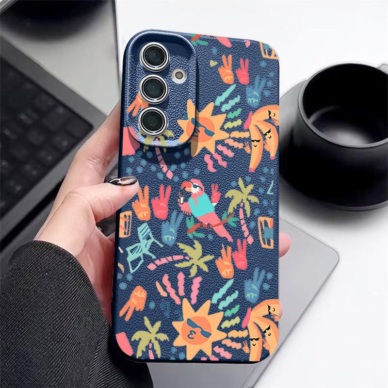Colorful Cartoon Pattern Case For Samsung Galaxy S25 Edge S24 Ultra S23 S22 Plus S21 FE S26 Ultra Leather Texture Silicone Cover