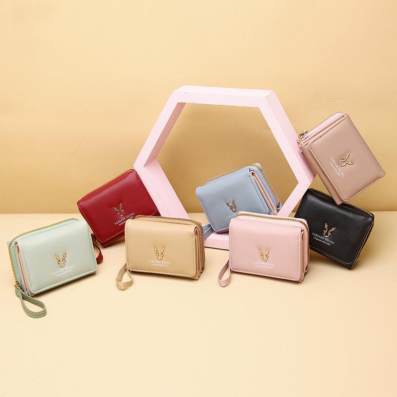Dámská třískládací peněženka v korejském stylu pro rok 2025 se zipovou kapsou na mince a kresleným designem