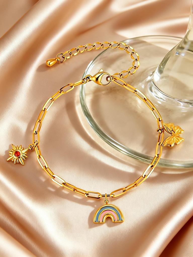 Dainty Sun Rainbow Butterfly Charm Bracelets for Women, 18K Gold Plated Stainless Steel Adjustable Bracelet, Trendy Jewelry