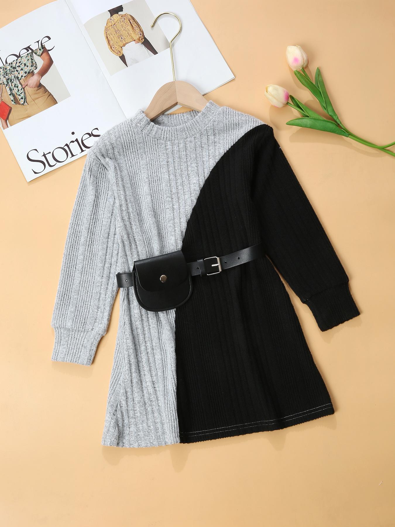 

Девичье осеннее платье с длинным рукавом и цветными блоками, с поясной сумкой - Европейский и американский стиль, круглый вырез, модное цельнокроеное 120 cm чёрный