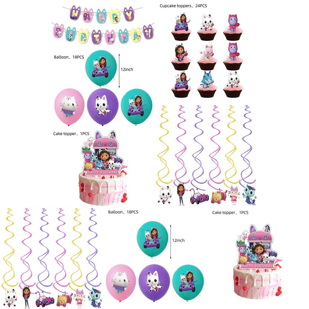 Vibrant Gabbys Dollhouse Theme Party Decorations Including Balloons Cake Topper And Banners