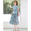 Elegant Pleated T-Shirt & Floral A-Line Skirt Set