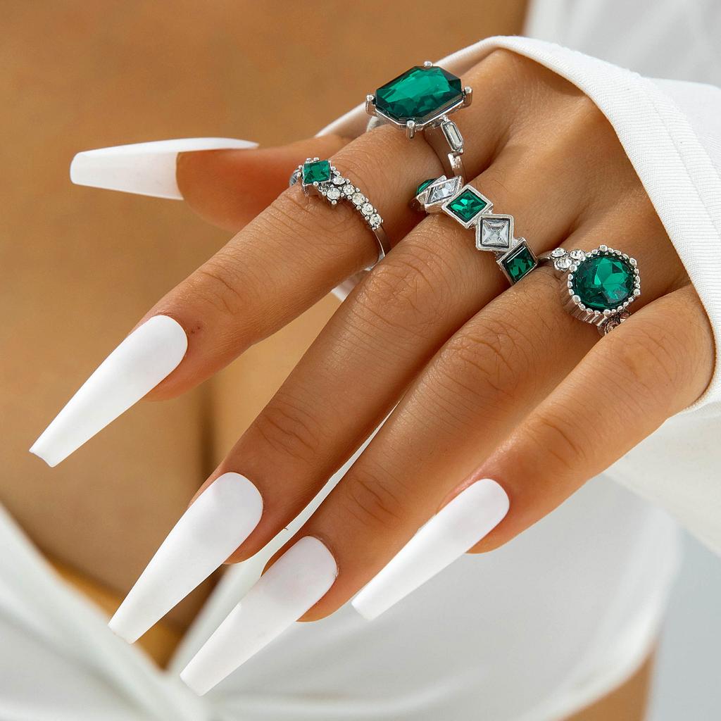 Jewelry, Colored Diamond Four-piece Ring Set, Geometric Imitation Diamond Set Ring Set