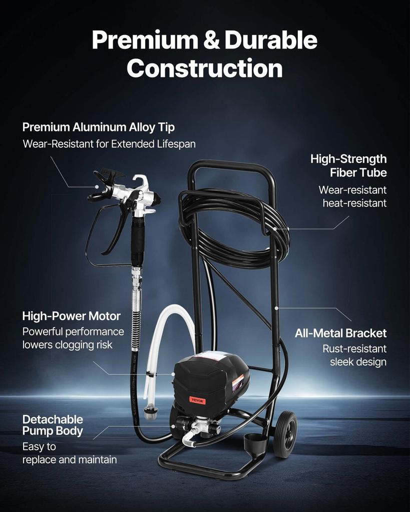 Stand Airless Paint Sprayer, 650W, 3000PSI High Pressure Airless Sprayer with Cart, Cleaning Brush, Hose, Extension Rod, Nozzles, Electric Spray Paint
