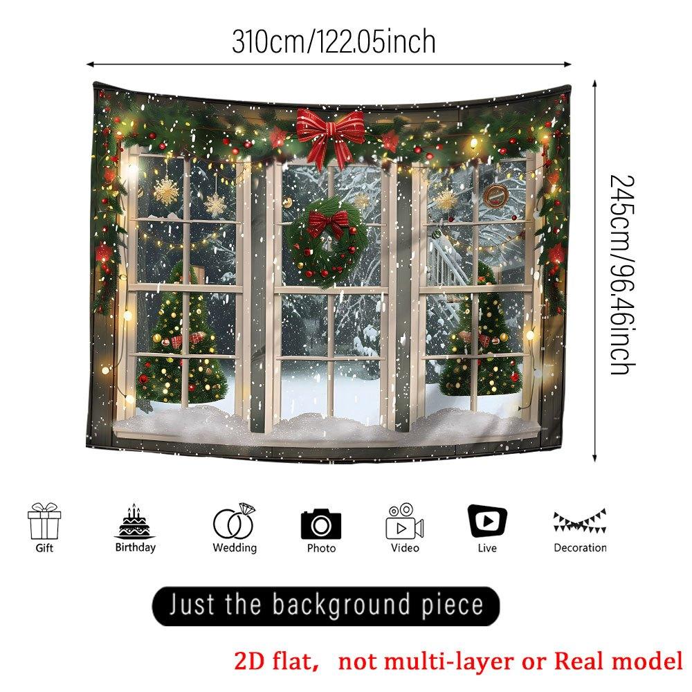1 large Christmas wreath window view party banner - high-definition printed garage background with snow night scene