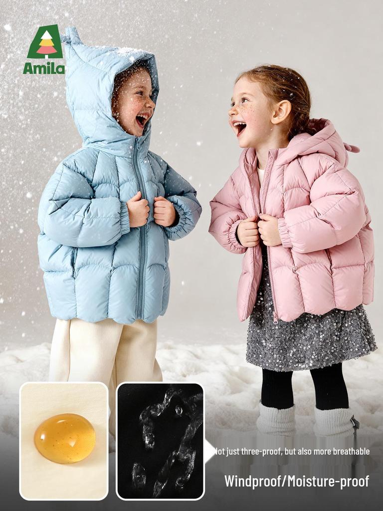 2025 Winter Girls' White Duck Down Jacket: Solid Color Hooded Casual Warm Coat