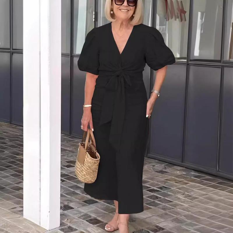 Plus Size Dress Women's Spring Summer V-neck Lace Up Bubble Sleeve Solid Casual Dresses