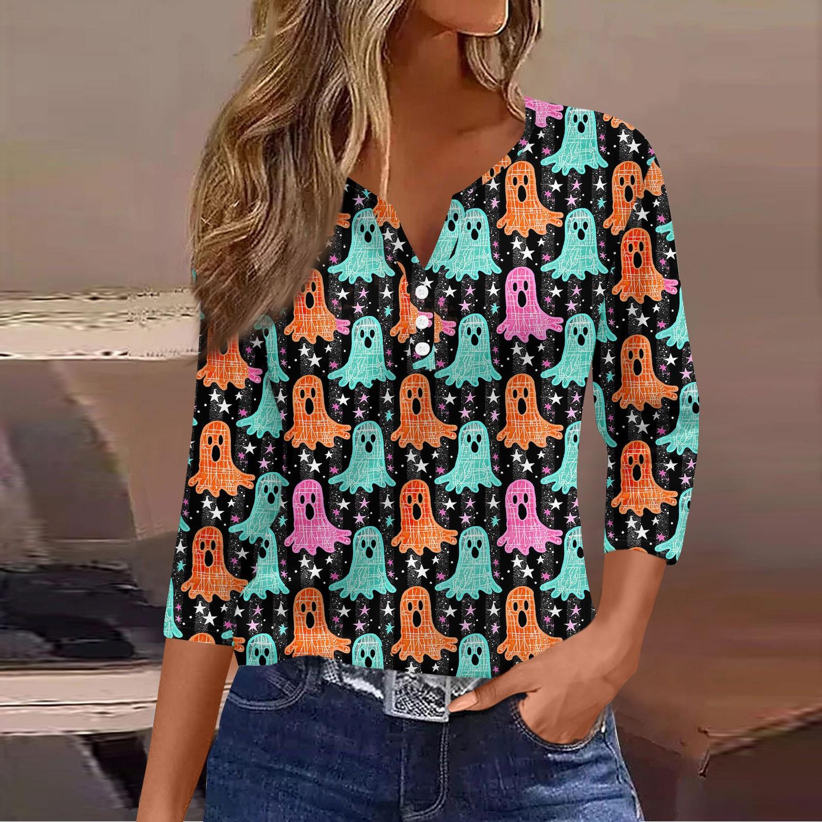 

3/4 Length Sleeve Womens Tops Halloween Print Vintage Fashion Casual Loose With V Neck Plus Size Shirts XL