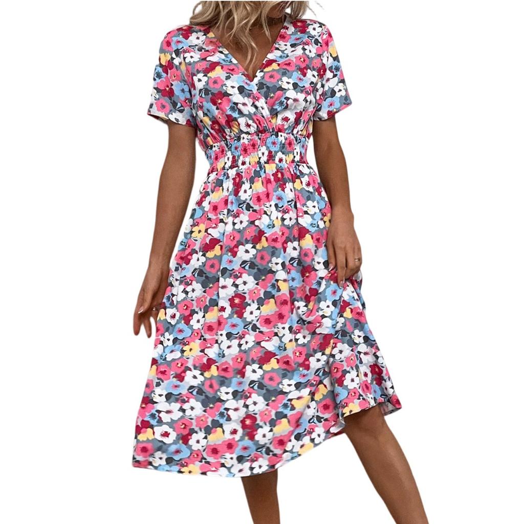 Damenkleider Lässig Klein Geblümt V-Ausschnitt Kurzarmkleider
