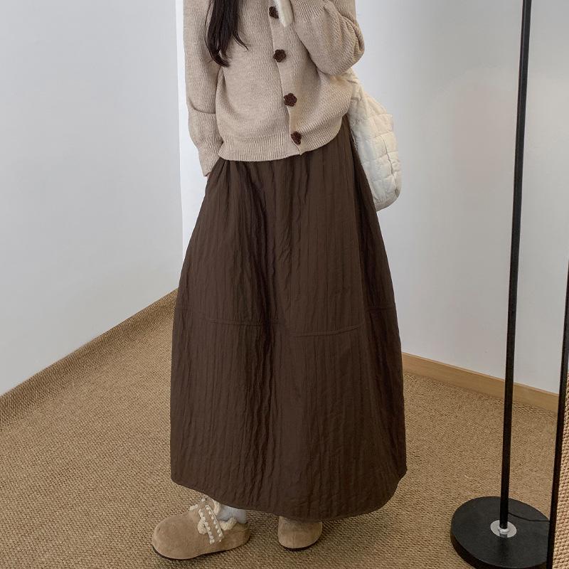 Women's High-Waisted Textured A-Line Mid-Length Skirt - Autumn/Winter Retro Pumpkin Fluffy Design