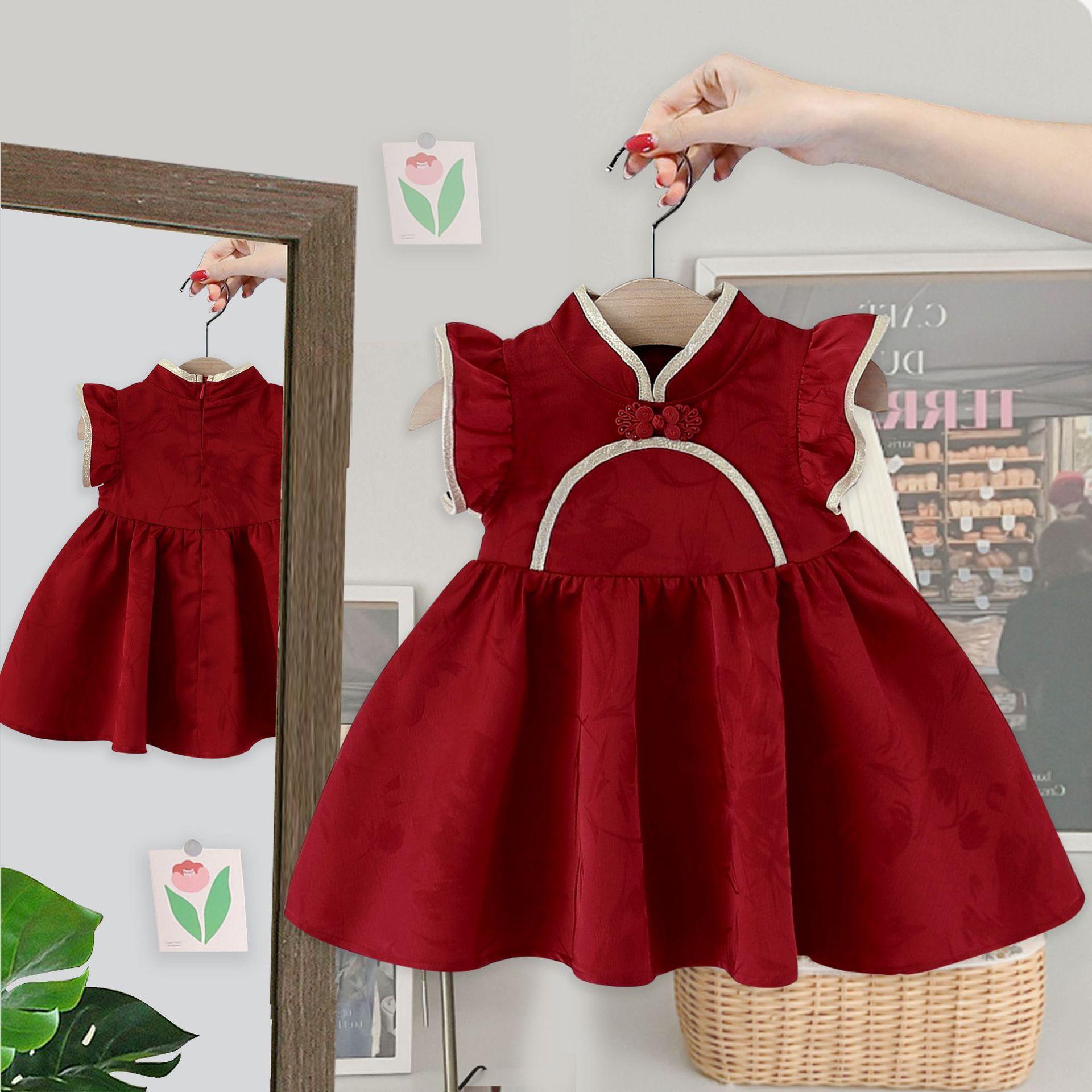 

Девичье ципао летнее детское улучшенное платье ханфу цветочное платье платье принцессы 110 красный