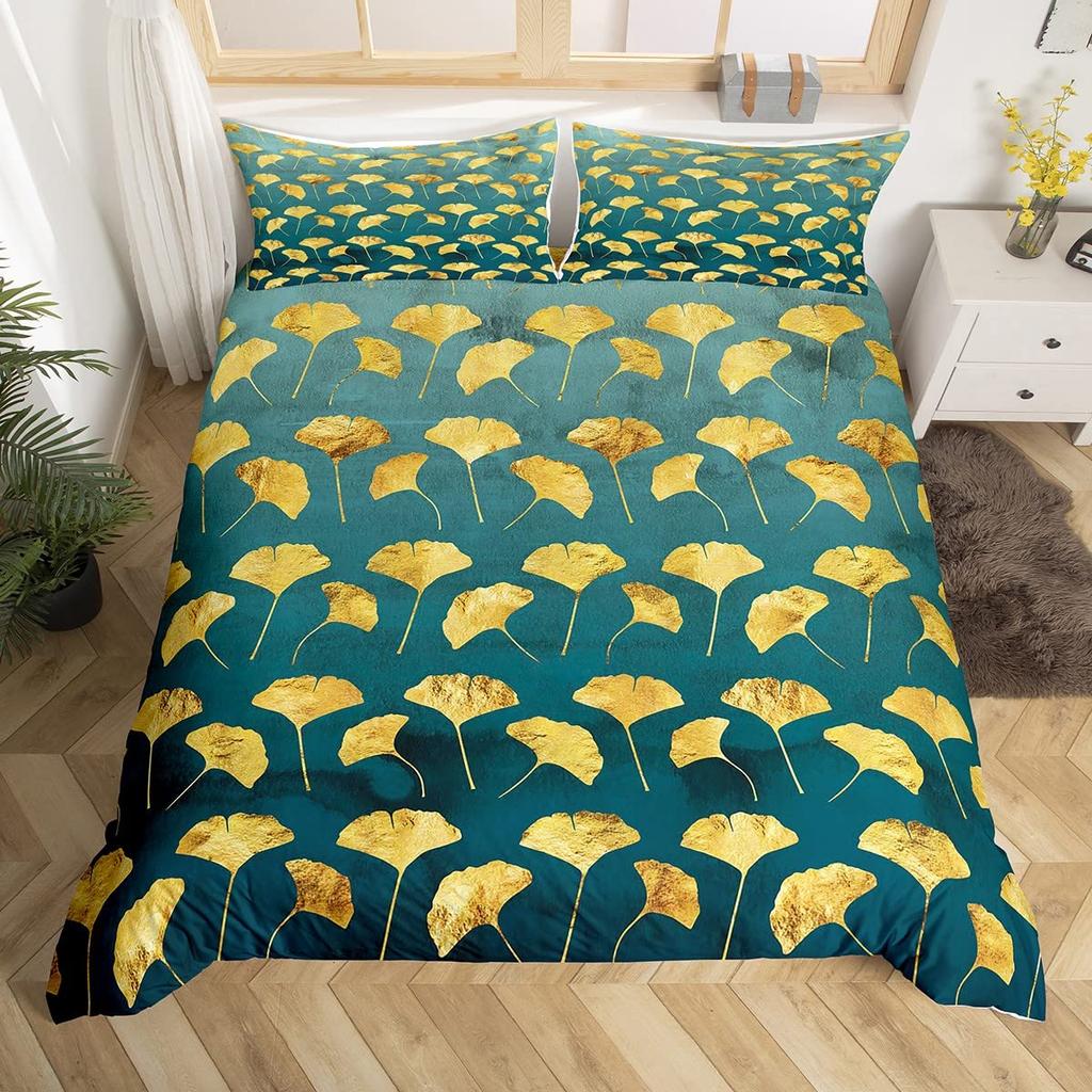Ginkgo Leaves King Queen Duvet Cover Black Golden Ginkgo Biloba Leaf Bedding Set Botanical Quilt Cover Polyester Comforter Cover