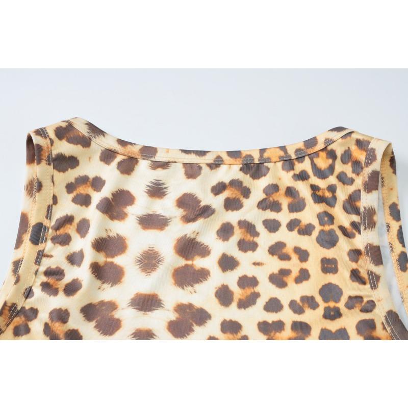 Robe moulante sans manches à imprimé léopard et col carré en dentelle, style sexy et tendance, pour femme