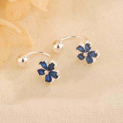 Blue Zircon Flower Curved Hook Earrings Elegant Niche High End Studs Fashion Jewelry