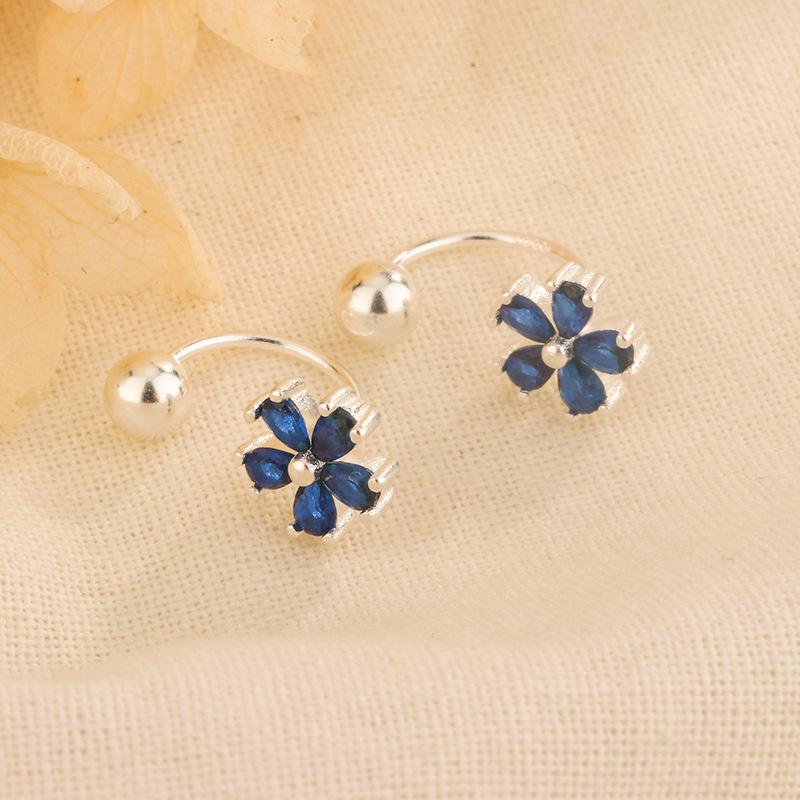 Blue Zircon Flower Curved Hook Earrings Elegant Niche High End Studs Fashion Jewelry