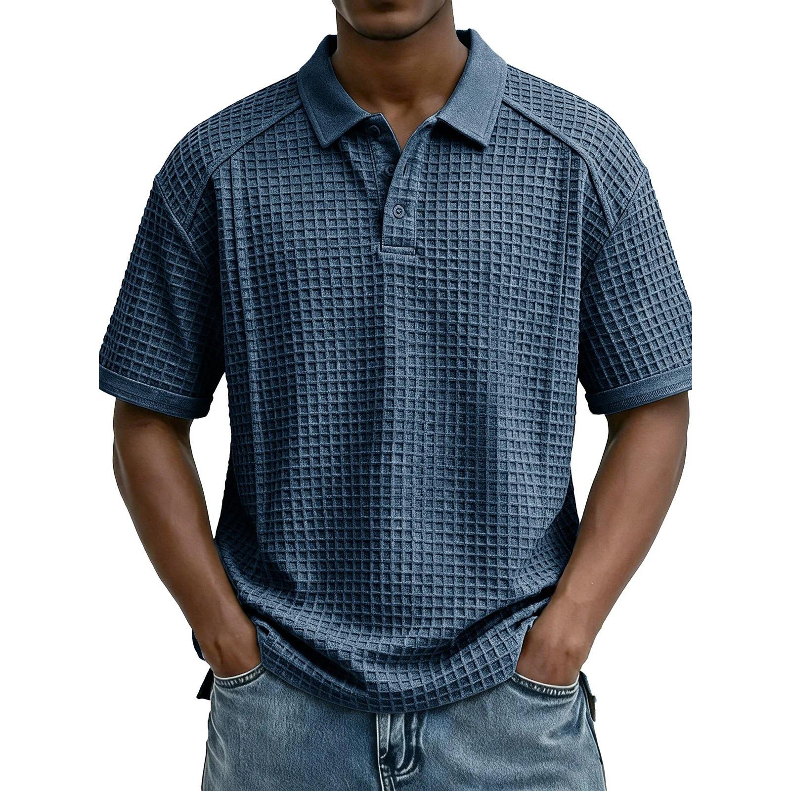 Men s Loose Casual Collar T-shirt Casual Short-sleeved Top L темно-синий