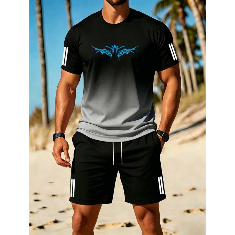 Summer New Men'S Casual Style Gradient Athletic Set, Gradient Short Sleeve T-Shirt And Drawstring Shorts