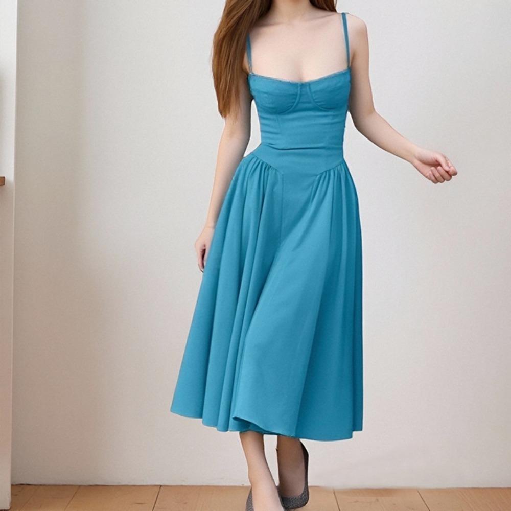 Women's Spaghetti Strap Midi Dress Solid Bustier High Waist Flared Swing Mid-Calf Sundress