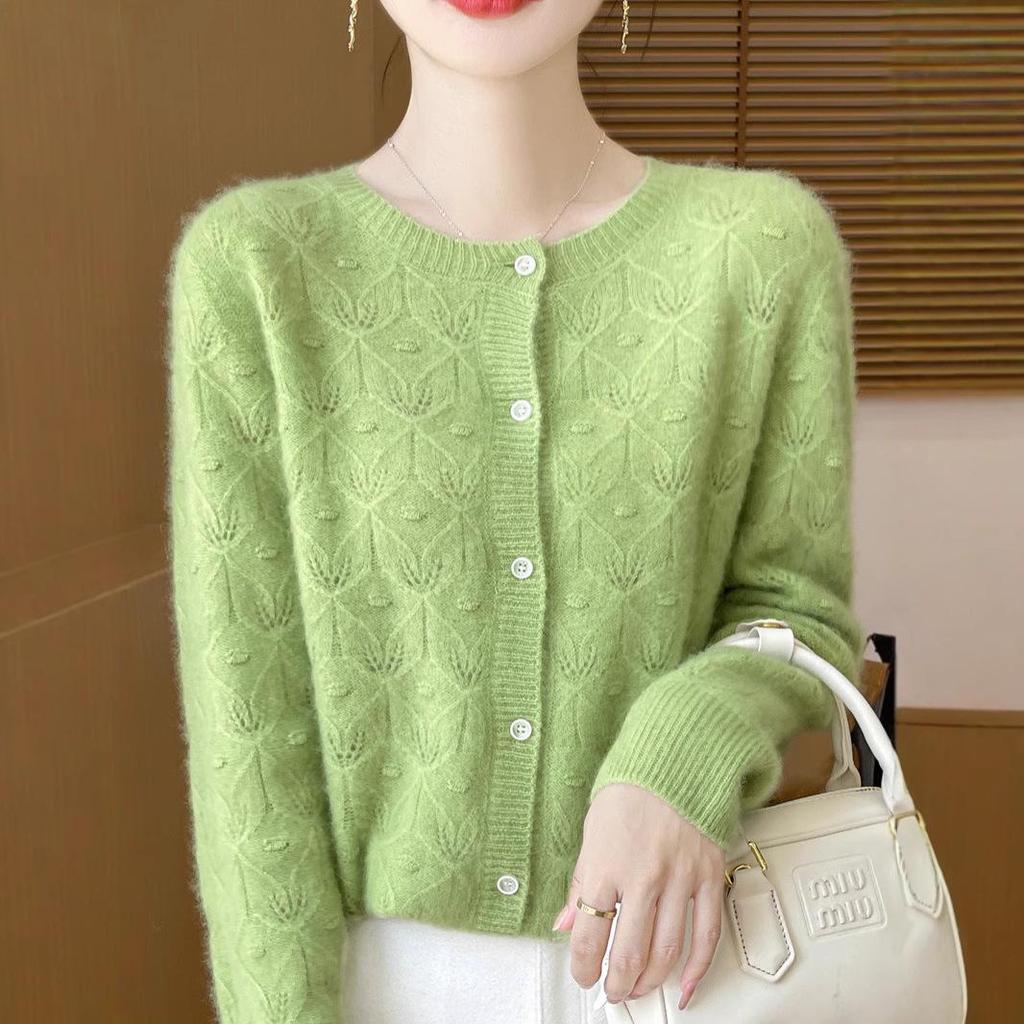 2024 Early Autumn Women's Merino Wool Round Neck Knit Cardigan with Hollow Details