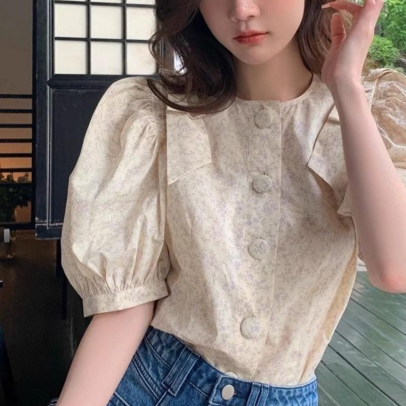 Ladies' Floral Shirt Women's Puff Sleeve Design Round Neck Blouses Summer New Female Korean Version Versatile Loose Top