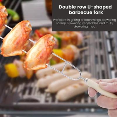 Grillspieße aus Edelstahl Doppelspieß-BBQ-Spieße 36cm Camping-Grillgabeln mit Holzgriff für Hähnchen, Garnelen, Kebab