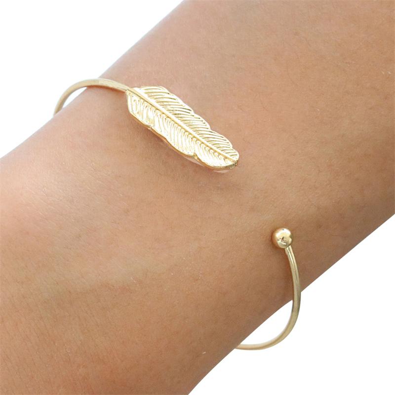 Open Cuff Women's Bangles Gold Color Metal Feather Shape Adjustable Open-Bangle Punk Fashion Hiphop Style Wrist Jewelry Pulseras
