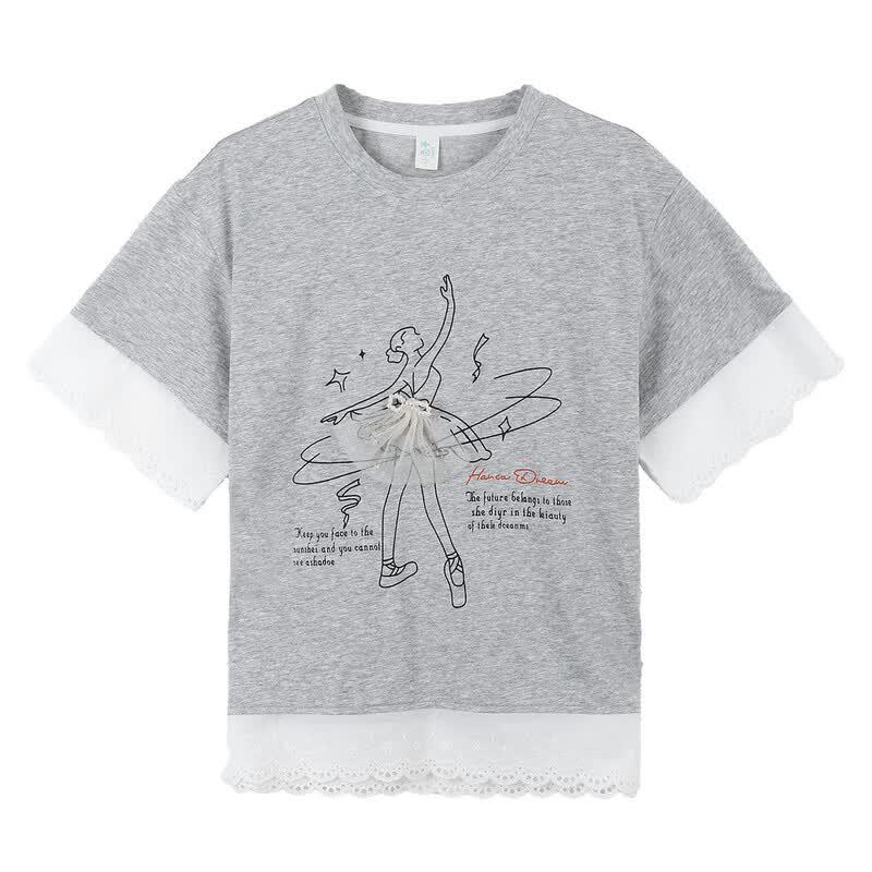 Girls' Classic Round Neck Print T-Shirt with Lace Trim