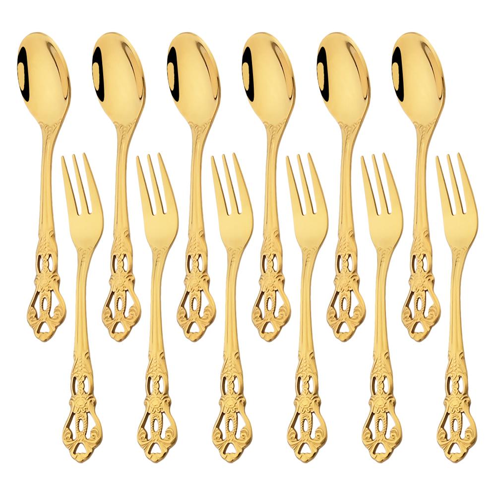 12pcs Colorful Royal Tableware Set Western Stainless Steel Flatware Cutlery Coffee Spoon Fruit Cake Fork Dinnerware Silverware