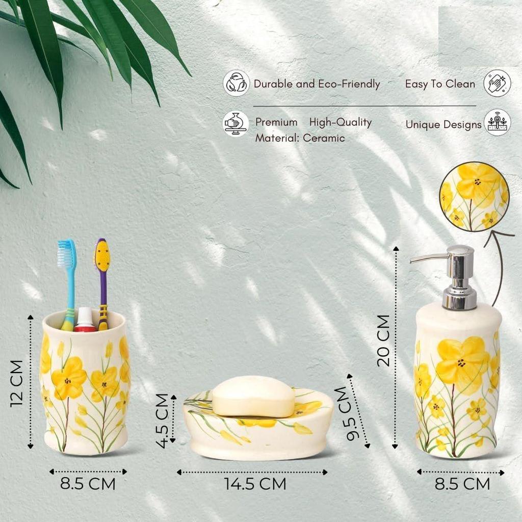 Prémiová keramická koupelnová sada 3 kusů | Moderní ručně malovaná koupelnová sada s 300ml dávkovačem mýdla, držákem na zubní kartáčky a mýdlenkou |