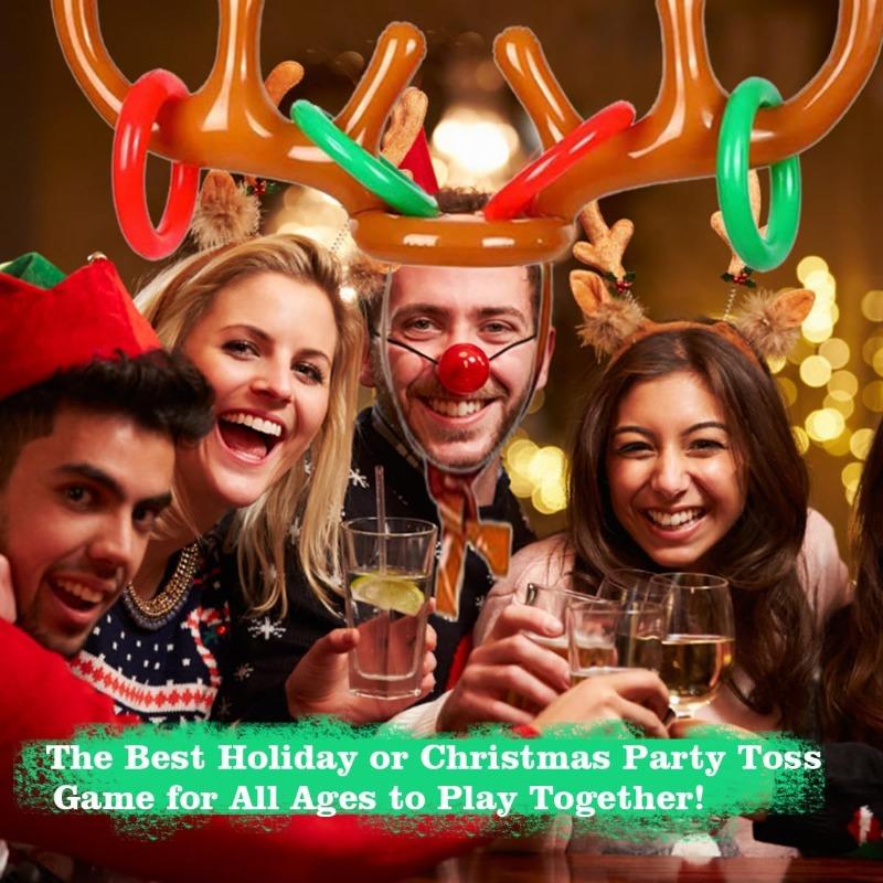 Jeu de lancer d'anneaux sur bois de renne gonflable - Lot de 2 (2 Bois 8 Anneaux) - Matériau PVC, Rouge et Blanc - Jeu de Fête de Noël