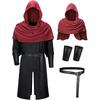 Mittelalterliches Vintage-Umhang mit langer Kapuze, gefaltetes Schal-Handgelenkschützer und Taillengürtel-Set, Retro-Zauberer Halloween Cosplay Kostüm