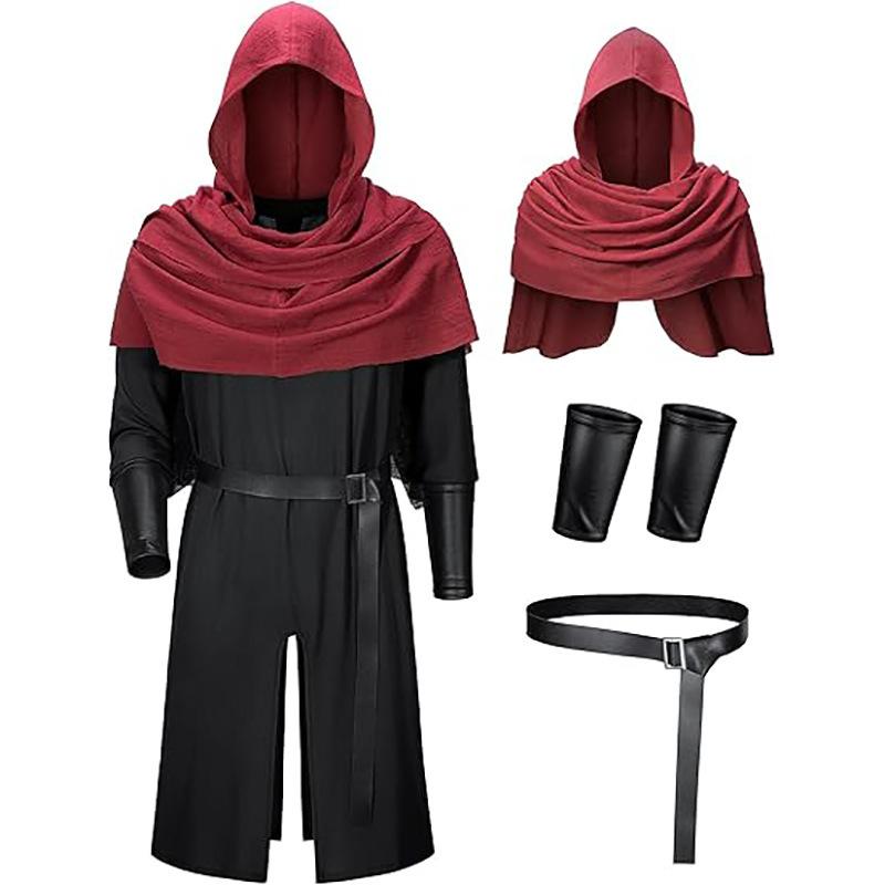 Mittelalterliches Vintage-Umhang mit langer Kapuze, gefaltetes Schal-Handgelenkschützer und Taillengürtel-Set, Retro-Zauberer Halloween Cosplay Kostüm