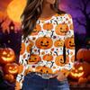 Women's Fashion Long Sleeve Top Halloween Print Round Neck Split Hem Casual Blouse Lightweight Comfortable Fit Seasonal Shirt
