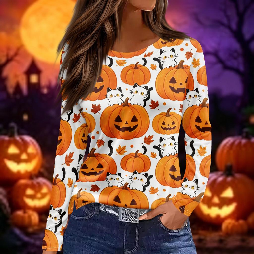 Women's Fashion Long Sleeve Top Halloween Print Round Neck Split Hem Casual Blouse Lightweight Comfortable Fit Seasonal Shirt