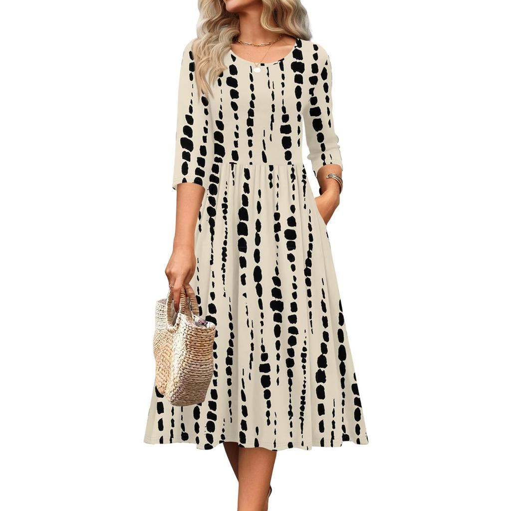 3/4-Ärmel Damenkleid Lässig Fließend A-Linie Midi T-Shirt Kleider mit Taschen Rundhalsausschnitt Urlaub Boho Strand Sommerkleid