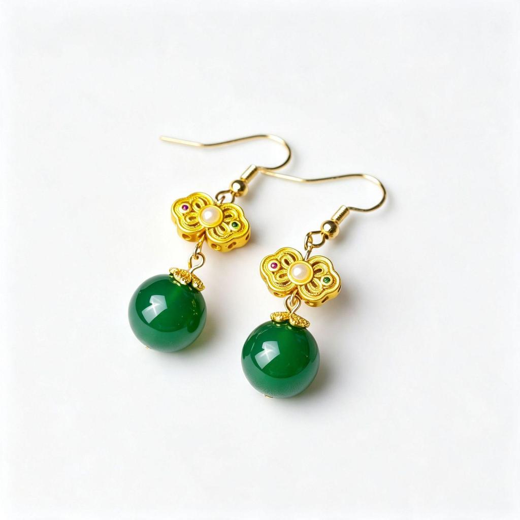 Xirui Natural Green Agate Round Bead Earrings for Women - Chinese Retro Fashion, Versatile Temperament, Ear Hook Style