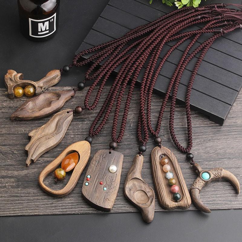 Handmade Wooden Pendant Necklace Ethnic Boho Style Long Chain Leaf Design Natural Women