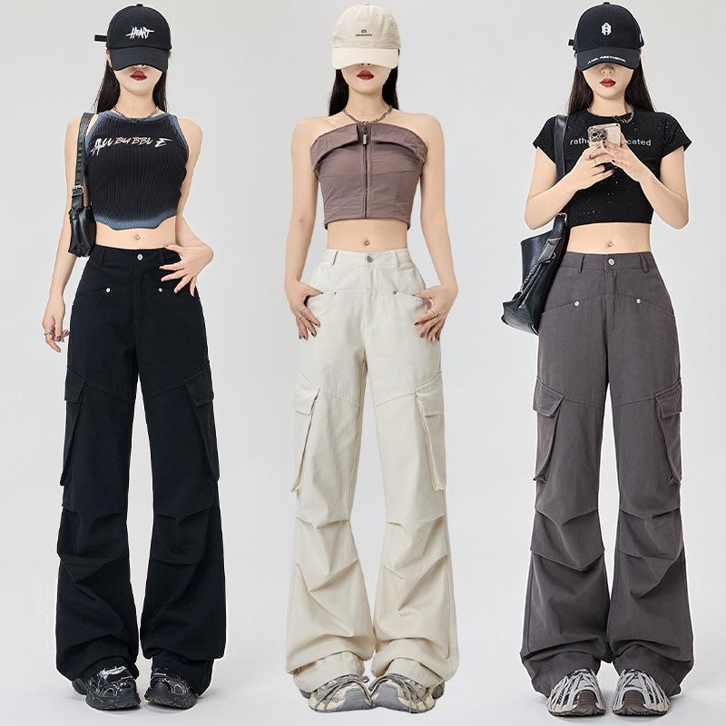 Women's Retro Multi-pocket Cargo Flare Pants - Cool, Loose Streetwear Pleated Style